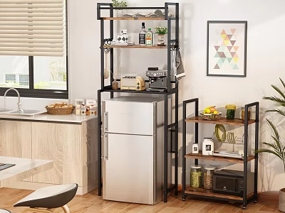 Multi layer Metal and Wood Kitchen Cabinets Shelves Organizing Coffee Maker Fruits Jars in Natural Light 3d model