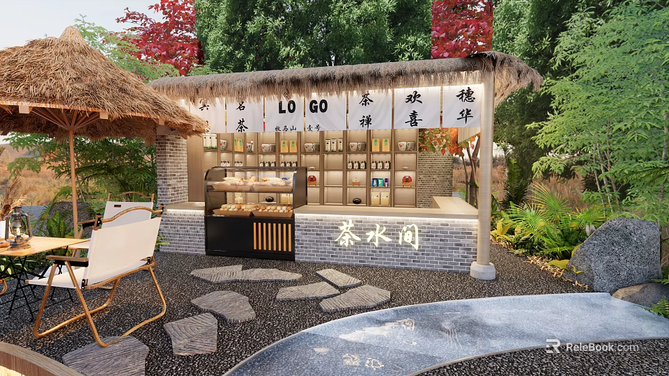 Traditional Garden Landscape with Tea Room Thatched Roof Stone Path and Green Plants 3d model 