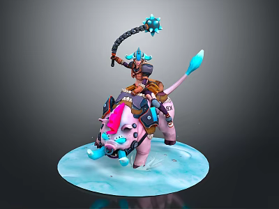 Game Fantasy Character In Helmet Riding Pink Pig With Blue Hammer And Icy Base 3d model