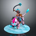 Game Fantasy Character In Helmet Riding Pink Pig With Blue Hammer And Icy Base