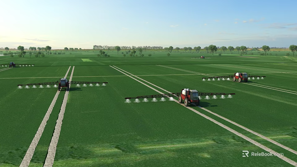 Vast Lush Green Farmland Landscape With Agricultural Spraying Tractors Operating Under Bright Sunny Sky 3d model 