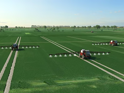 Vast Lush Green Farmland Landscape With Agricultural Spraying Tractors Operating Under Bright Sunny Sky 3d model