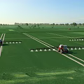 Vast Lush Green Farmland Landscape With Agricultural Spraying Tractors Operating Under Bright Sunny Sky