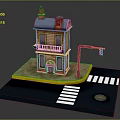 Cartoon Street Scene With Two Story House Blue Roof Red Chimney Balcony And Street Lamp