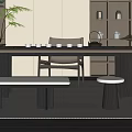Modern Tea Table and Chairs with Tea Sets Shelves and Green Plants