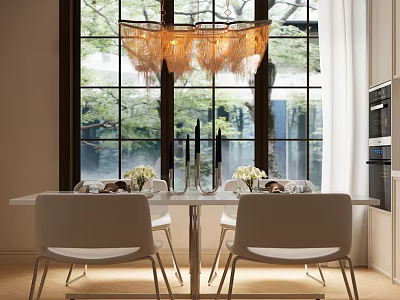 Elegant Restaurant Dining Space With Fringe Chandelier Large Windows Dining Table And White Chairs 3d model
