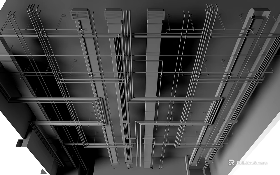 Ceiling Structural Framework With Metal Beams Pipelines And Suspension System 3d model 
