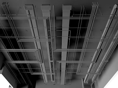 Ceiling Structural Framework With Metal Beams Pipelines And Suspension System 3d model