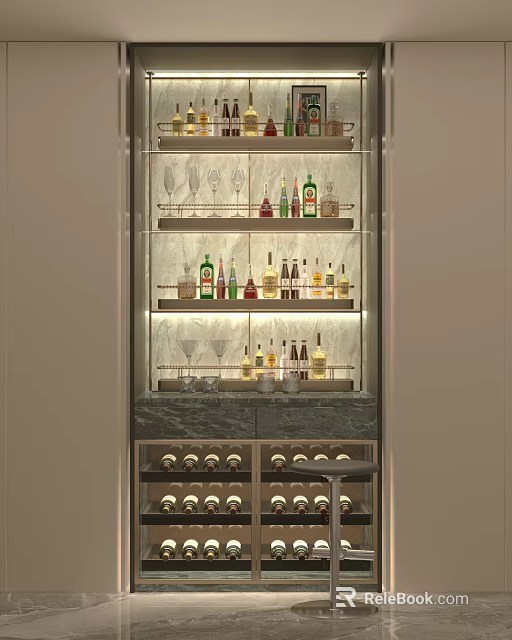 Modern Wine Cabinet With Glass Shelves LED Lighting And Wine Bottle Storage 3d model 