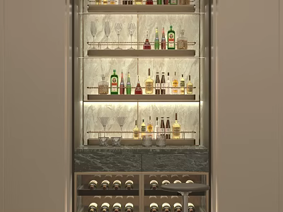 Modern Wine Cabinet With Glass Shelves LED Lighting And Wine Bottle Storage 3d model