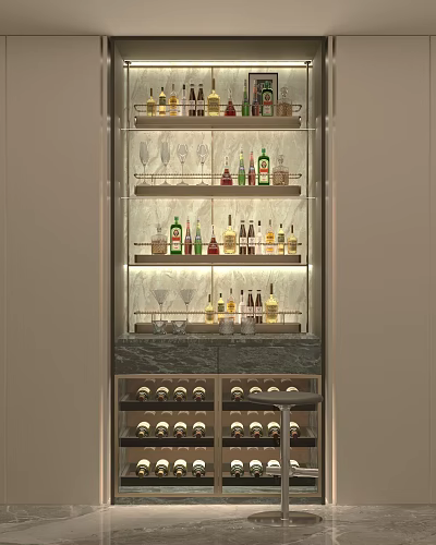 Modern Wine Cabinet With Glass Shelves LED Lighting And Wine Bottle Storage 3d model