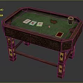 Wooden Carved Poker Table With Green Felt Surface And Playing Cards Chips Cup