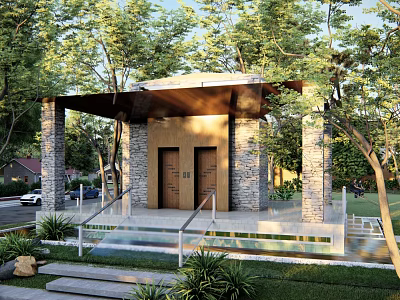 Modern Entrance With Stone Pillars Wooden Roof And Landscaping 3d model