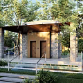 Modern Entrance With Stone Pillars Wooden Roof And Landscaping