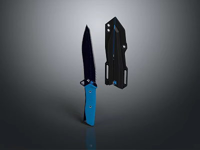 Modern Tactical Knife With Black Blade Blue Handle And Black Sheath Design 3d model