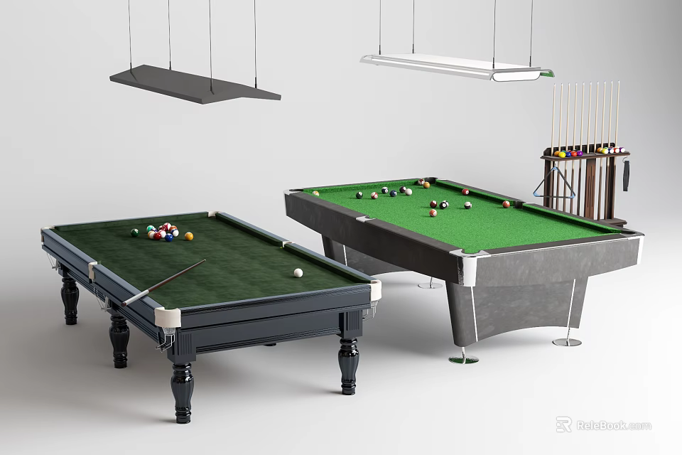 Billiard Tables As Sports Equipment With Green Felt Surface Cue Rack And Balls 3d model 