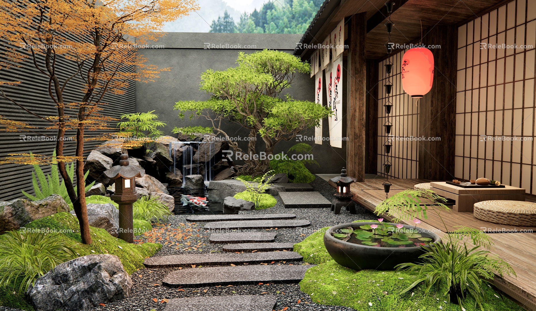 Japanese-style Zen courtyard landscape rockery waterscape bluestone tingbu bryophytes water bowl rain chain waterscape micro-terrain fishpond waterscape 3d model