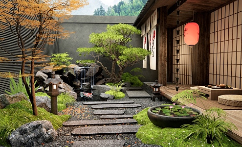 Japanese-style Zen courtyard landscape rockery waterscape bluestone tingbu bryophytes water bowl rain chain waterscape micro-terrain fishpond waterscape 3d model