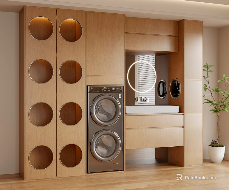 Modern Wooden Bathroom Cabinet Frame With Circular Holes Washing Machine Mirror And Sink 3d model 
