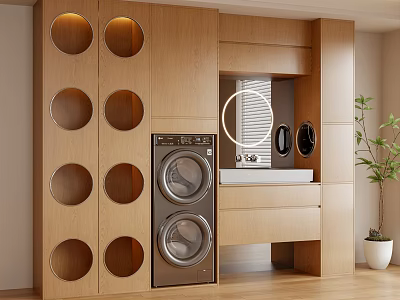 Modern Wooden Bathroom Cabinet Frame With Circular Holes Washing Machine Mirror And Sink 3d model