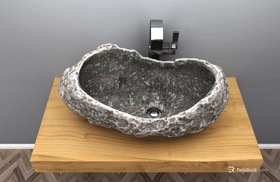 Natural Stone Rock Washbasin On Wooden Countertop With Black Faucet And Gray Wall 3d model 