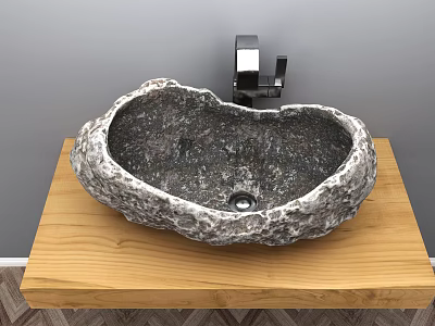 Natural Stone Rock Washbasin On Wooden Countertop With Black Faucet And Gray Wall 3d model