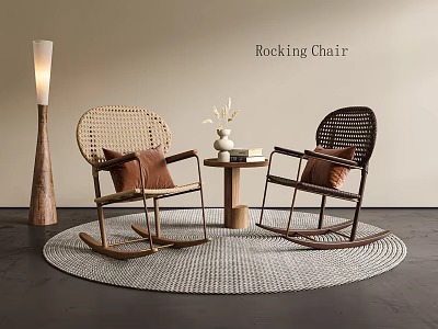 Cozy Modern Rocking Chairs with Woven Rattan Wooden Frame Side Table Vase Plants Floor Lamp 3d model
