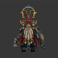 Mythical Character In Elaborate Blue Gold Armor With Ornate Headdress Red Mask Shield And Lantern