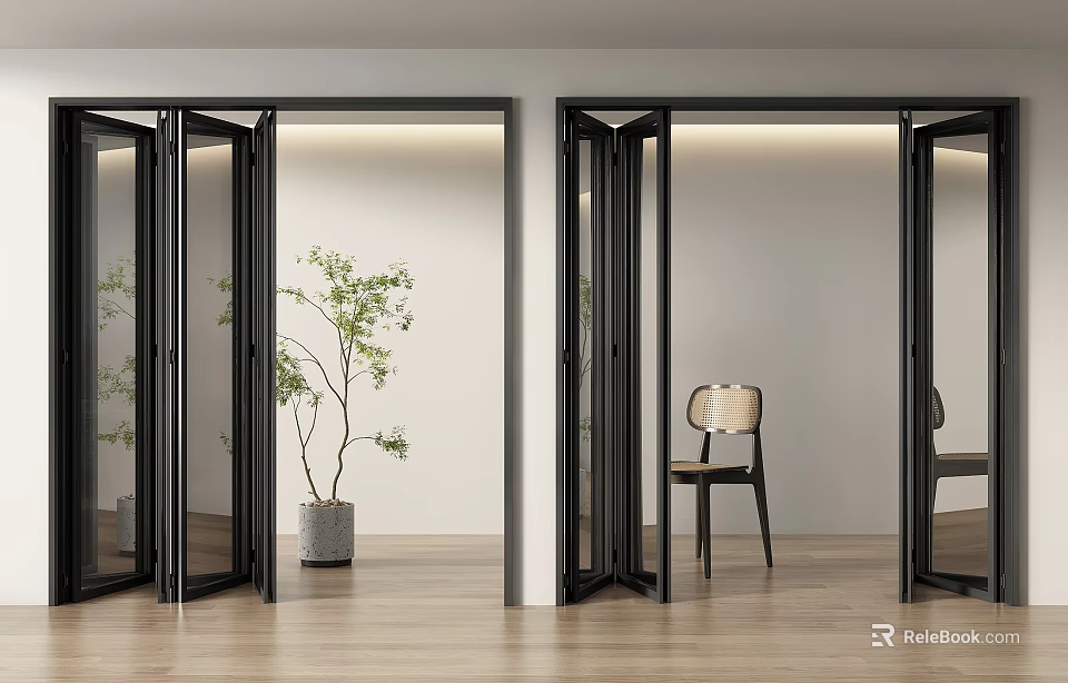 Black Frame Glass Folding Doors In Modern Interior With Wooden Floor And Potted Plant 3d model 