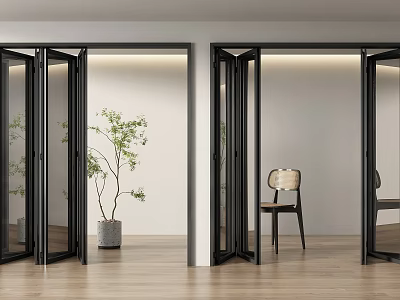 Black Frame Glass Folding Doors In Modern Interior With Wooden Floor And Potted Plant 3d model