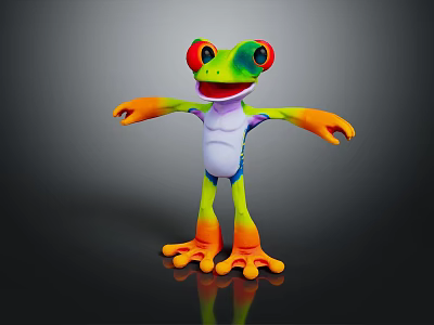 Colorful Frog Character Stuffed Toy With Red Eyes Green Body And Orange Open Arms 3d model