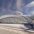 Grand Modern Arch Building With Glass Facade By Waterfront And Blue Sky