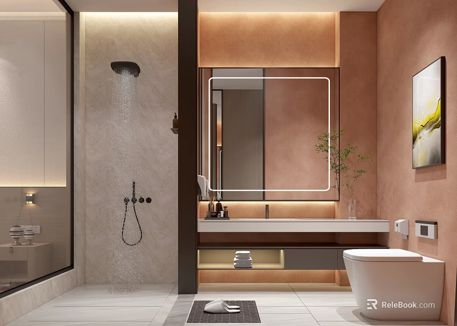 Luxurious Hotel Bathroom Interior With Backlit Mirror Marble Vanity Rainfall Shower And Green Plant 3d model 