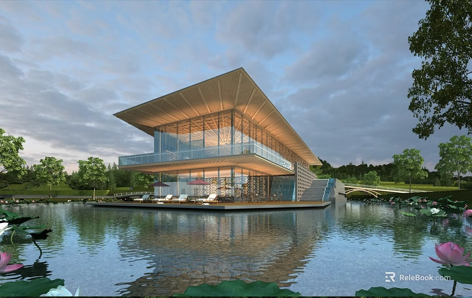 Modern Lakeside House With Glass Walls And Overwater Deck Design 3d model 