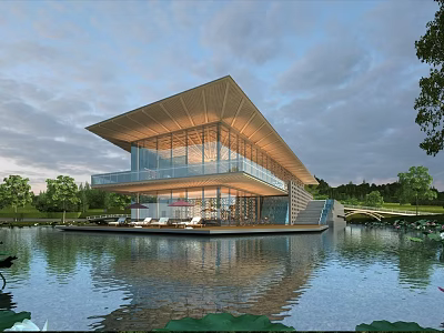 Modern Lakeside House With Glass Walls And Overwater Deck Design 3d model