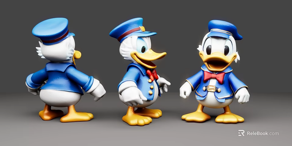 Donald Duck Dolls With Blue Uniform Hat Red Bow Tie Shown From Three Angles 3d model