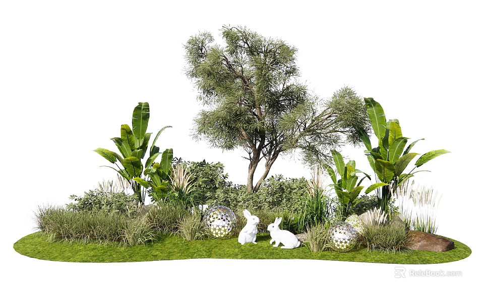 Beautiful Garden Flowers And Plants With Green Grass Tree Large Leaves White Rabbits Silver Balls 3d model 