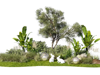 Beautiful Garden Flowers And Plants With Green Grass Tree Large Leaves White Rabbits Silver Balls 3d model