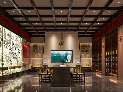 Chinese Traditional Exhibition Hall Interior With Large Screen Display Shelves Wooden Tables And Decorative Paintings 3d model