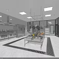 Commercial Kitchen Interior With Stainless Steel Appliances Central Worktable Hanging Utensils And Square Ceiling Lights