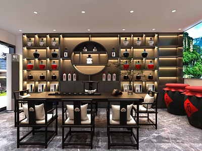 Modern Storefront Reception Interior Design With Wooden Counter Decorative Shelves And Pendant Lighting 3d model