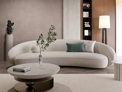 Modern Beige Curved Sofa And Round Coffee Table Set With Green Cushions Plant And Books 3d model
