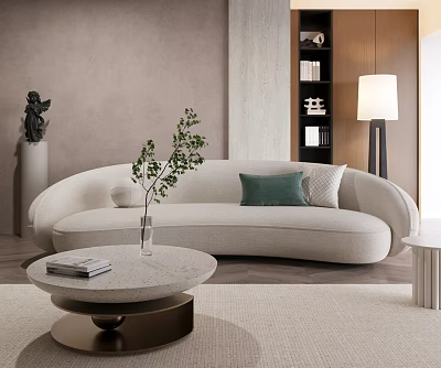 Modern Beige Curved Sofa And Round Coffee Table Set With Green Cushions Plant And Books 3d model