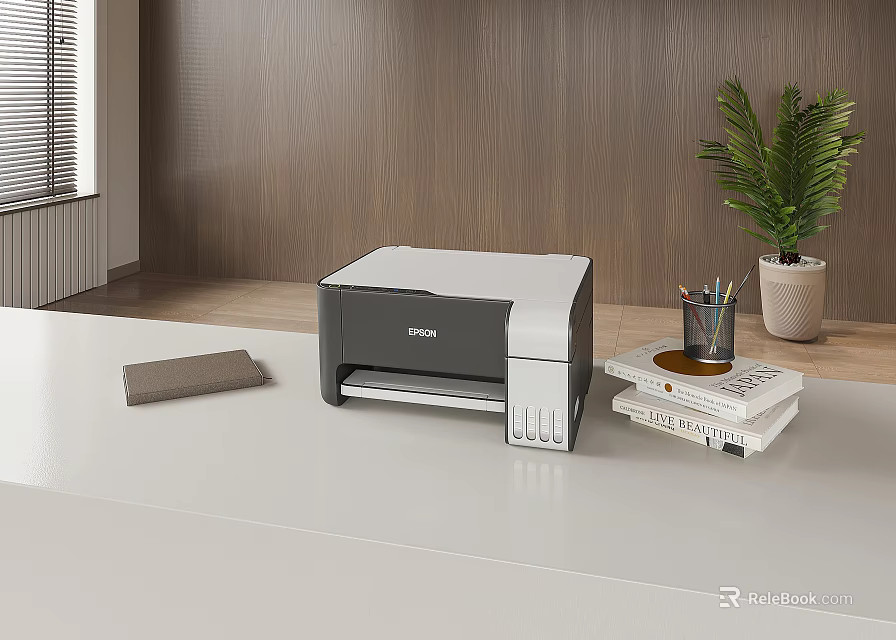Modern Office Printer On White Desk With Books Pencil Holder And Potted Plant 3d model 