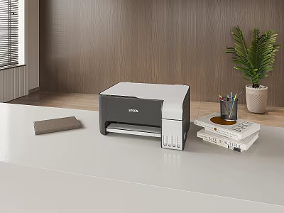 Modern Office Printer On White Desk With Books Pencil Holder And Potted Plant 3d model