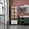 White Bathroom Cabinet Featuring Glass Doors Drawers Shelves Marble And Mirrors