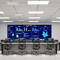 Modern Conference Room With Large Data Screen Multiple Control Desks And Chairs 3d model