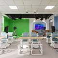 School Modern Classroom With Green Accent Wall White Desks Digital Screen And Large Windows