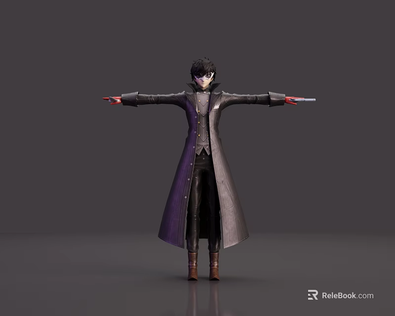 Game Character Design With Purple And Gray Long Coat Arms Outstretched Black Pants Brown Boots 3d model 