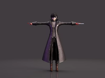 Game Character Design With Purple And Gray Long Coat Arms Outstretched Black Pants Brown Boots 3d model